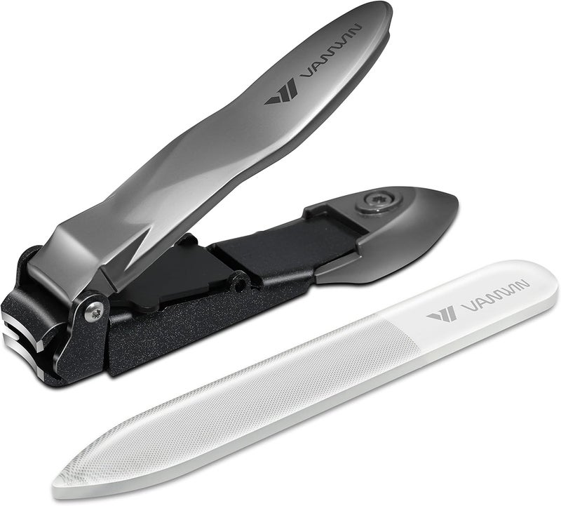 VANWIN Nail Clippers with Catcher, No Splash Fingernail Toenail Clippers with Sharp Curved Blade and Glass Nail File, Wide Jaw Opening Stainless Steel Nail Cutter Trimmer for Seniors Adult Men Women - Image 1